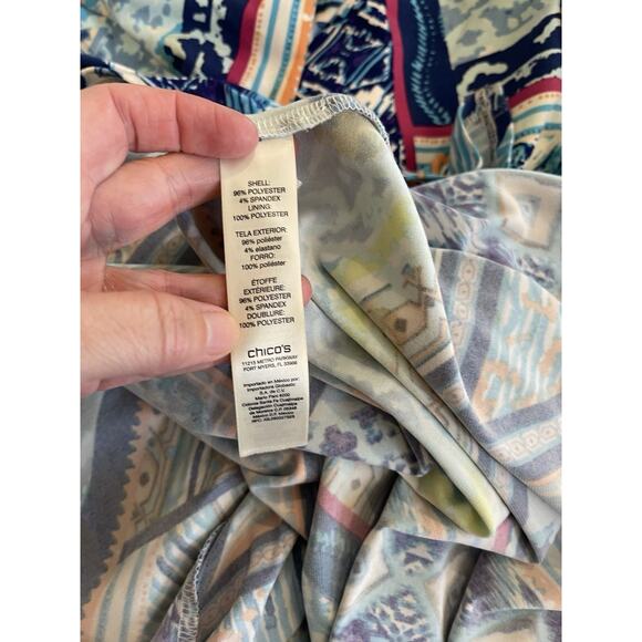 Chicos Tribal Southwestern Handkerchief Hem Twist Dress Size 4 XXL Blue Travel - Picture 7 of 7